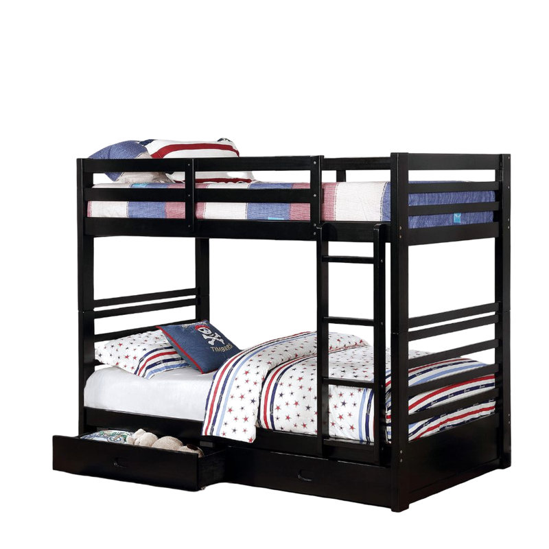 Lit simple superposé en bois massif noir de style transitionnel avec deux tiroirs et 10 pièces Lattes pour la chambre à coucher avec tiroirs,