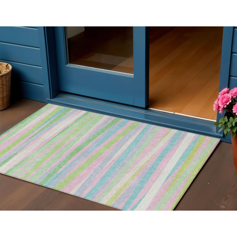 Tapis intérieur lavable rayé vert menthe 3 pi x 5 pi HomeRoots