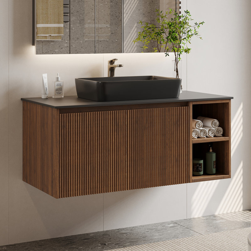 36" Modern Bathroom Brown Single Vanity with Black Ceramic Basin