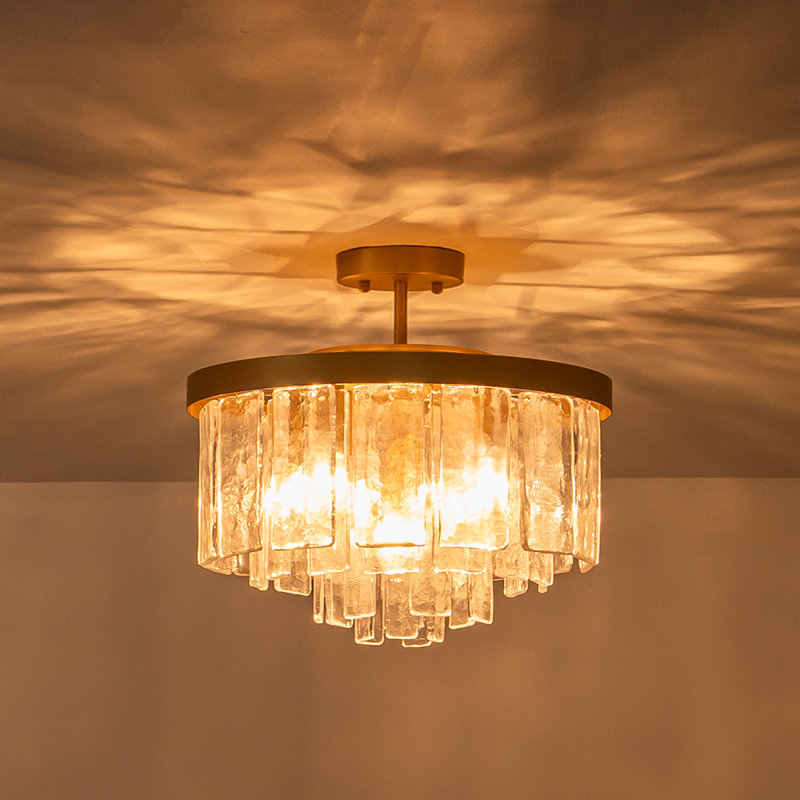 Plafonnier tambour en verre à 5 niveaux Livingon, Laiton