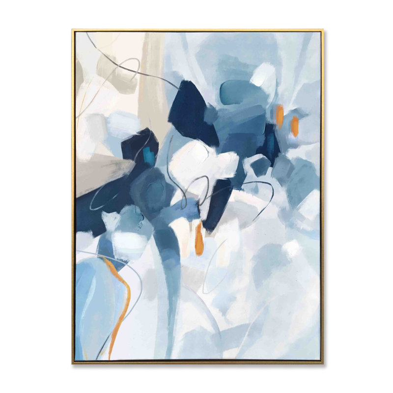 Large Blue and White Abstract Canvas Painting with Gold Frame