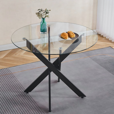 Table de salle à manger ronde en verre noir avec pieds croisés en métal - Table de cuisine en verre trempé peu encombrant