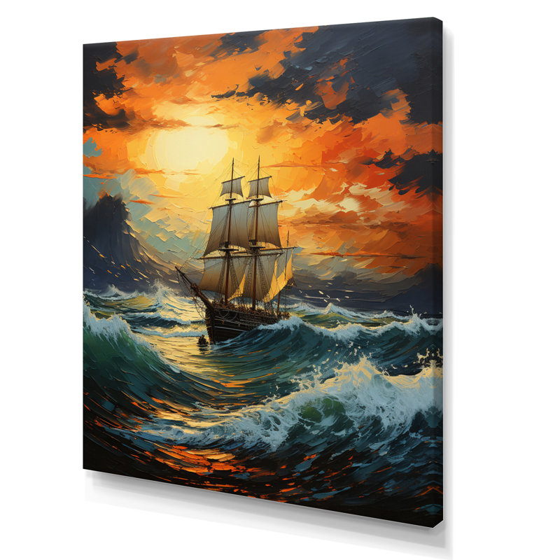 Tempête énergétique bateau orange sarcelle II - impression, H 32 po x l 16 po x P 1 po, Toile tendue