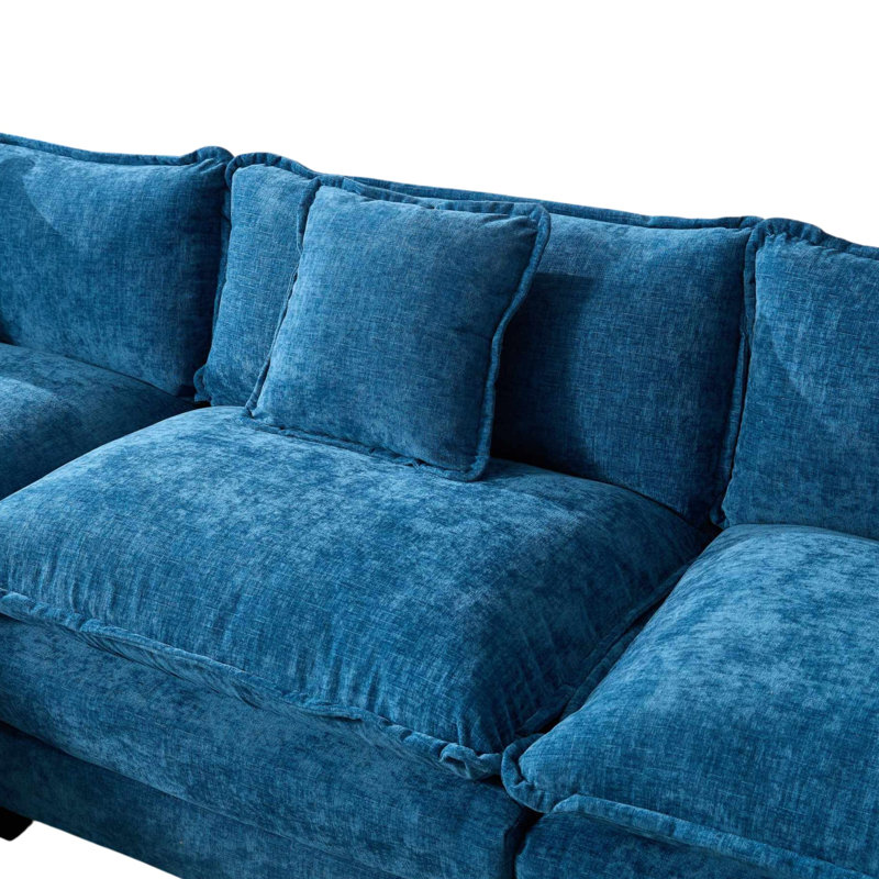 Geneveve 113.8"W Chenille Upholstered Sofa With Ottoman, 5 Compressed Pillows & Compressed Foam Cushions, Blue Chenille