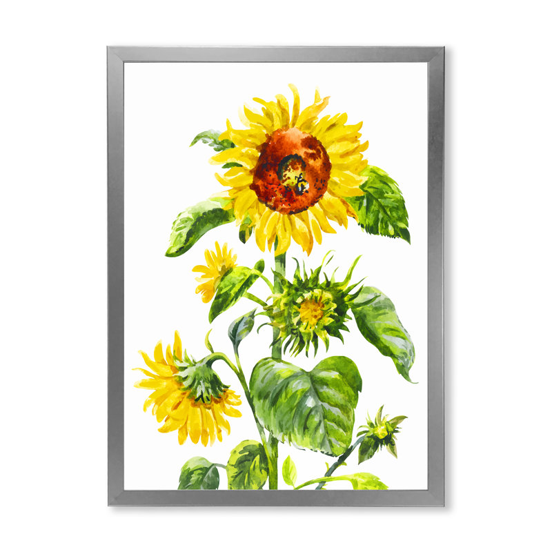«Vintage Blossoming Sunflower», peinture sur toile, H 36 po x l 24 po x P 1 po, Cadre photo argenté