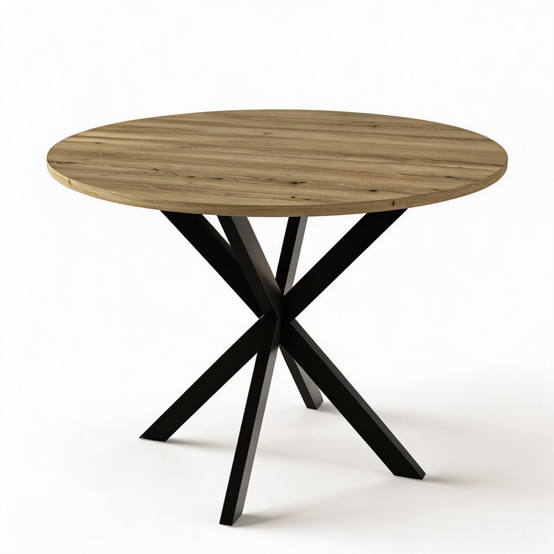 Table de salle à manger ronde compacte de 80 cm (31,5 pouces) de diamètre, couleur marron, avec pattes en métal noir. Style contemporain, idéal pour 2 à 4 personnes dans les petites cuisines et les salons. Table seule.
