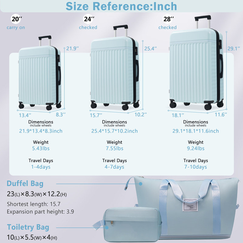 Ensemble de bagage 5 pièces, valise de transport rigide, bagage extensible avec sacs de voyage, roulettes, verrou TSA
