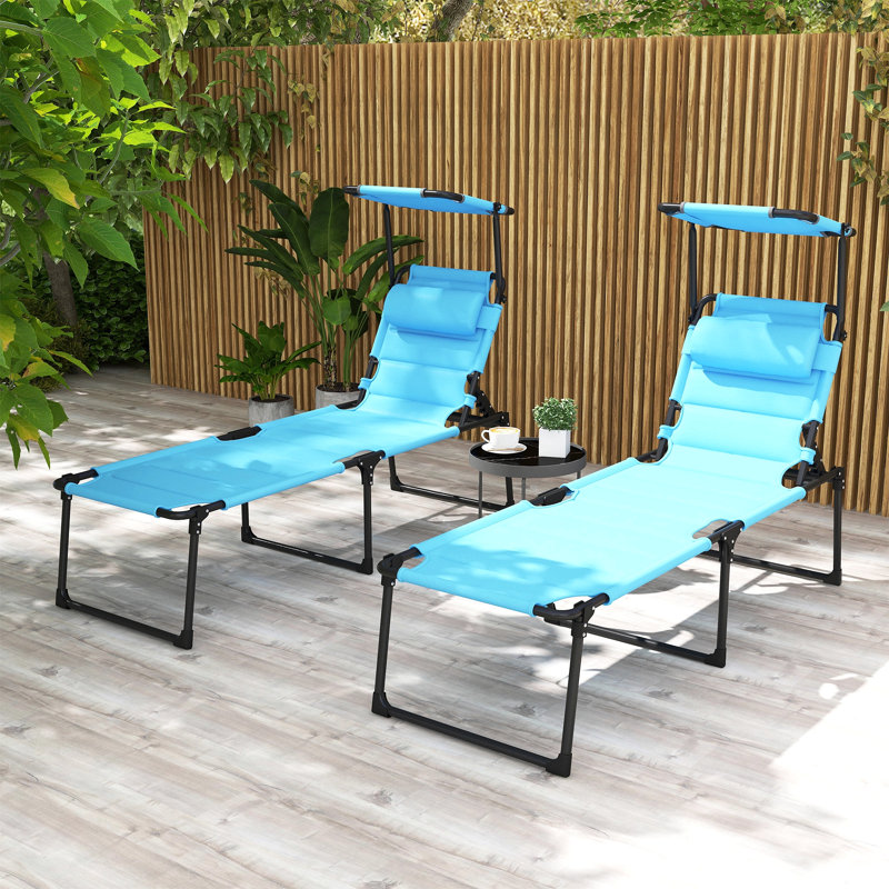 Outsunny Outdoor Lounge Chair, Adjustable Backrest Folding Chaise Lounge, Cushioned Tanning Chair W/Sunshade Roof & Pillow Headrest For Beach, Camping, Hiking