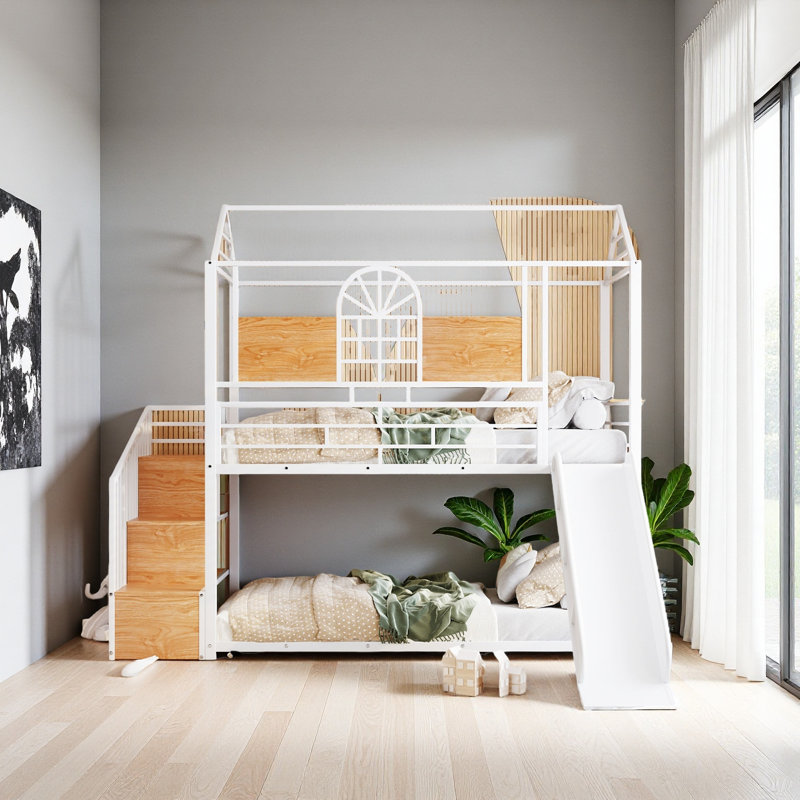 Twin Over Twin Metal Bunk Bed, Metal Housebed With Slide And Storage Stair, White