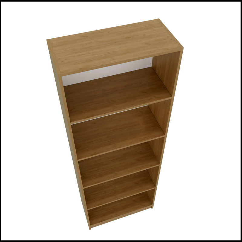 Bibliothèque en chêne naturel et blanc à 5 tablettes avec rangement ouvert, parfaite pour les intérieurs modernes et invitants.