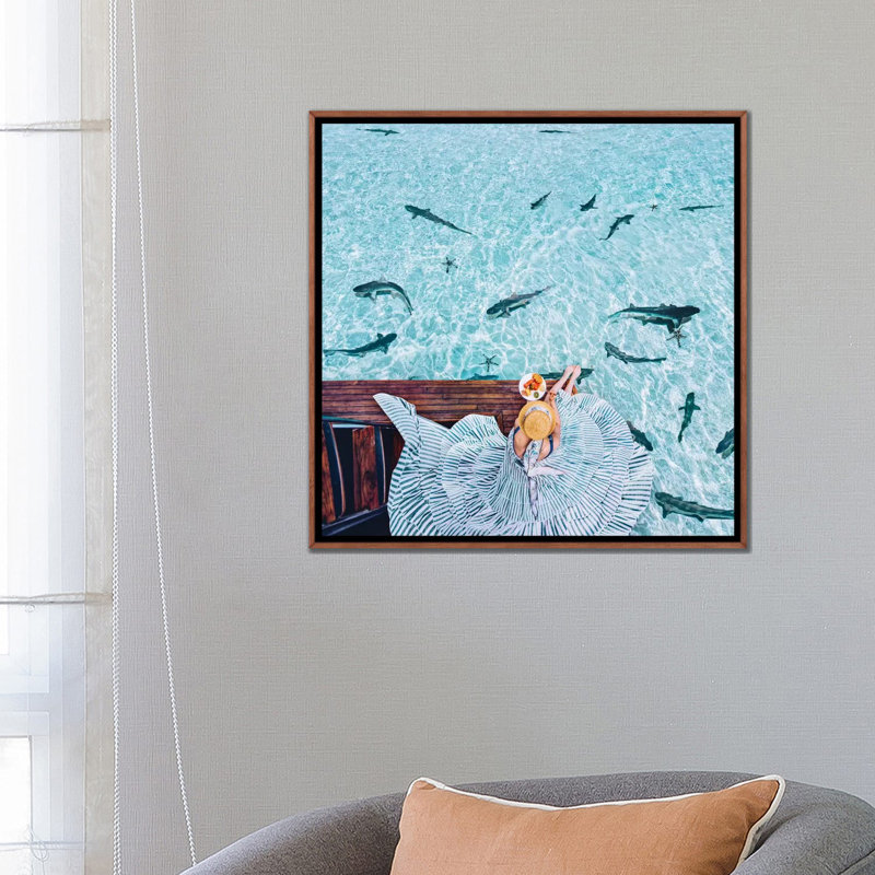" Breakfast With Sharks " by Hobopeeba, No Mat, 26" H x 26" W x 1.5" D, Classic Brown Wood Framed Canvas
