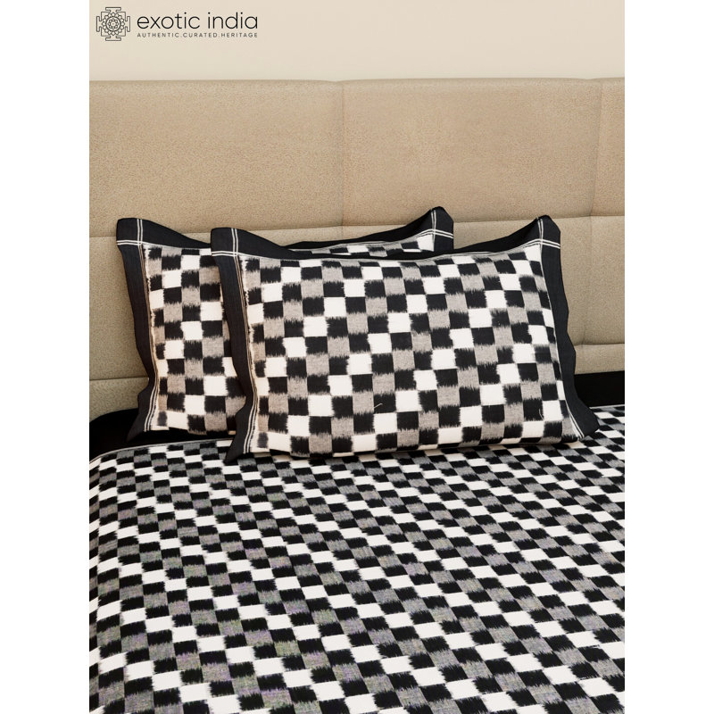 Exotic India Pure Cotton Queen Size Black And White Bedspread And Ikat Check with Pillowcases