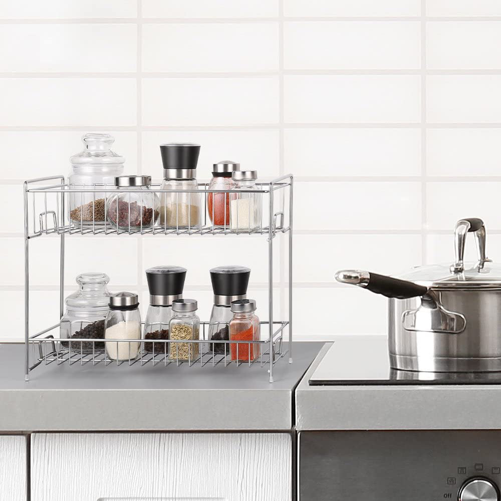 2-Piece Kitchen Cabinet Spice Rack Double-Layer Storage Rack Stackable Expandable Rebrilliant