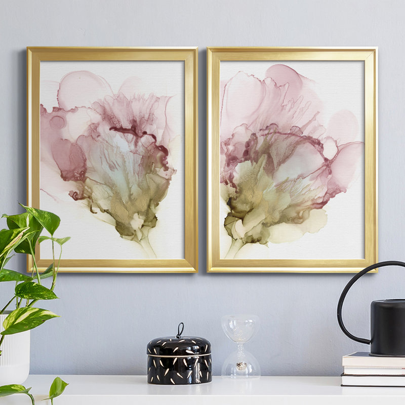 «Flowering Pink I», ensemble de 2 impressions sur toile encadrées, H 24,5 po x l 18,5 po x P 1,25 po, Cadre doré