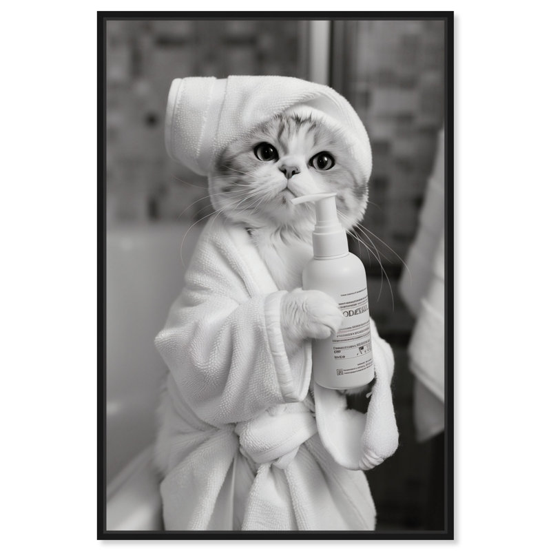 «Cat Bath Ready» par Art Remedy, H 16 po x l 11 po, Reproduction encadrée sans passe-partout, Noir, noir, noir, noir