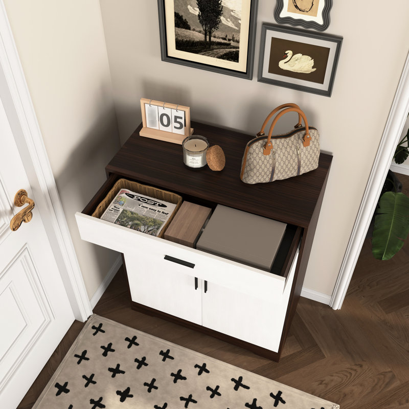 Range-chaussures avec 2 portes blanches, 4 armoires en bois pour le vestibule, beaucoup de rangement, armoire de rangement autoportante de style élégant, 4 tiroirs, bureau à tablettes réglables, finition classique naturelle et blanche