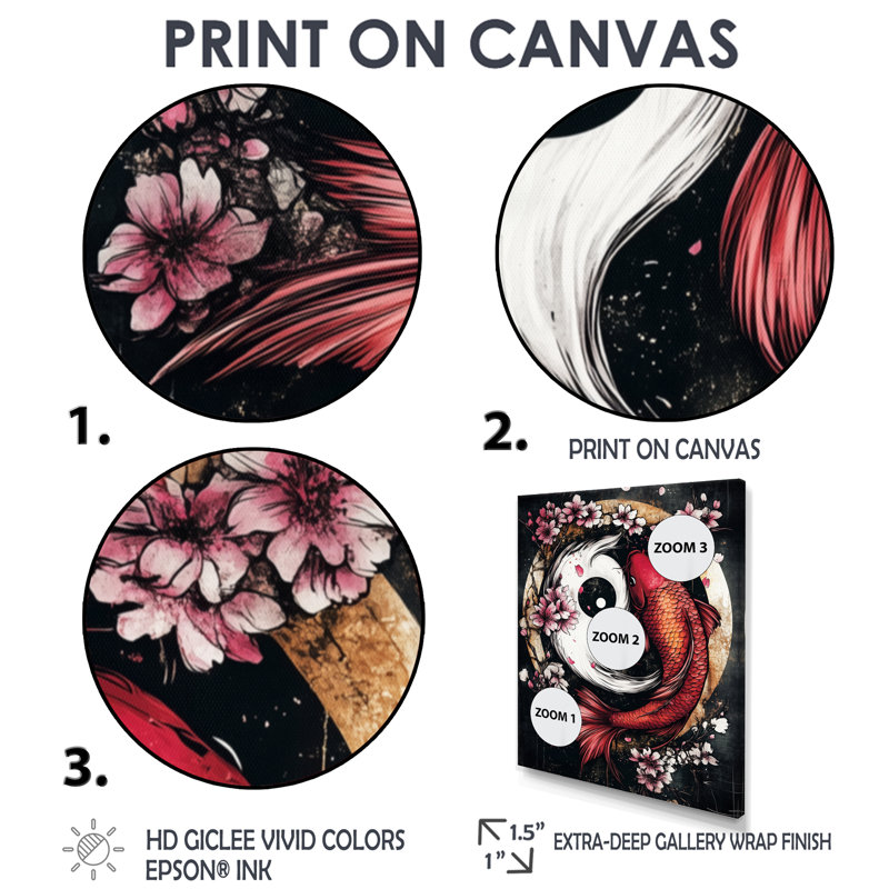 Étang mural Sakura Yin et Yang Koi, H 32 po x l 24 po x P 1 po, Toile avec cadre flottant or