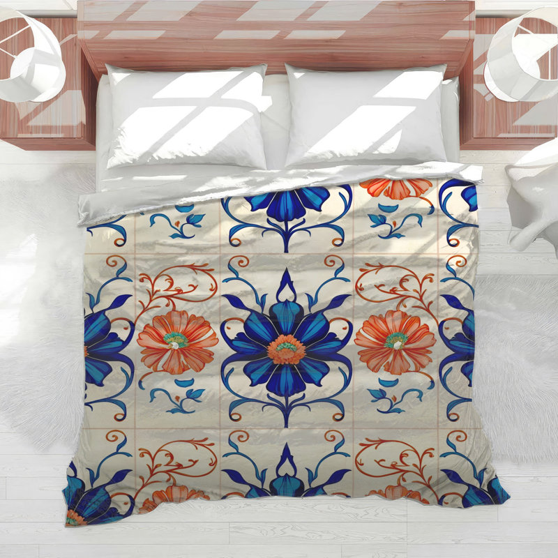 Blue Orange Floral Tile Comforter, Queen
