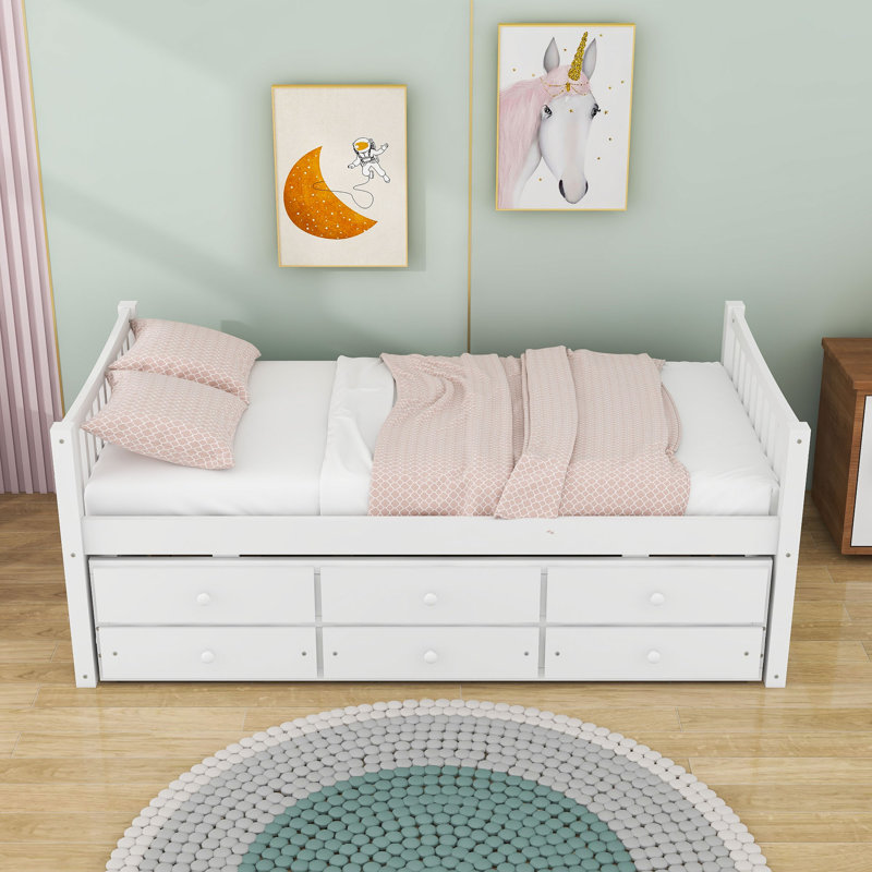  Daybed with Trundle and  Drawers, White, Twin