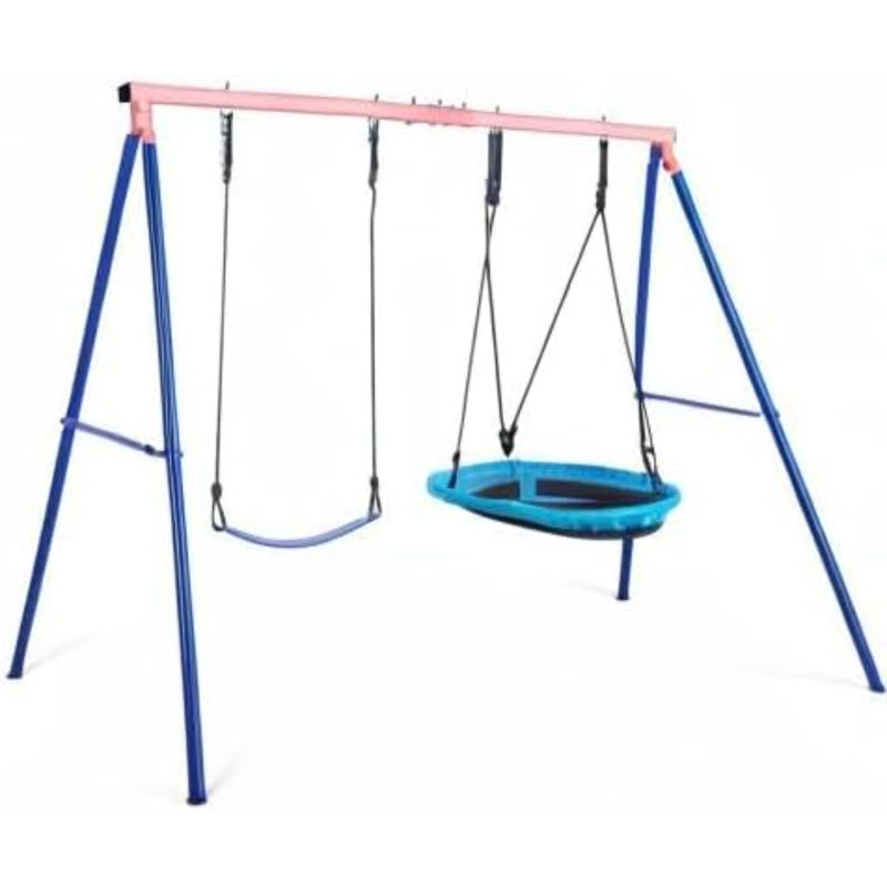 Balançoires d'extérieur pour enfants, 440 lb, support de balançoire d'extérieur en métal robuste, 1 soucoupe et 1 siège de balançoire à ceinture pour aire de jeu, bleu