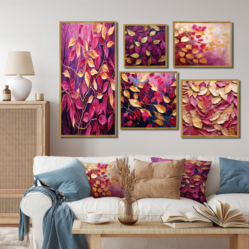 Feuilles dorées et roses avec feuillage - Ensemble de 5 décorations murales feuilles, Cadre flottant doré