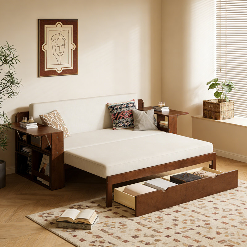 Multifunctional Daybed with Removable Desk, Storage Drawers & Hydraulic Side Table, Space-Saving Sofa Bed Frame, Espresso