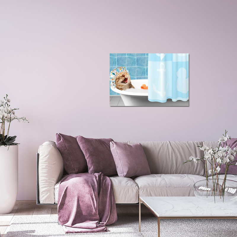Drôle de chat prenant un bain avec impression de canard en verre acrylique, H 16 po x l 24 po x P 0,25 po