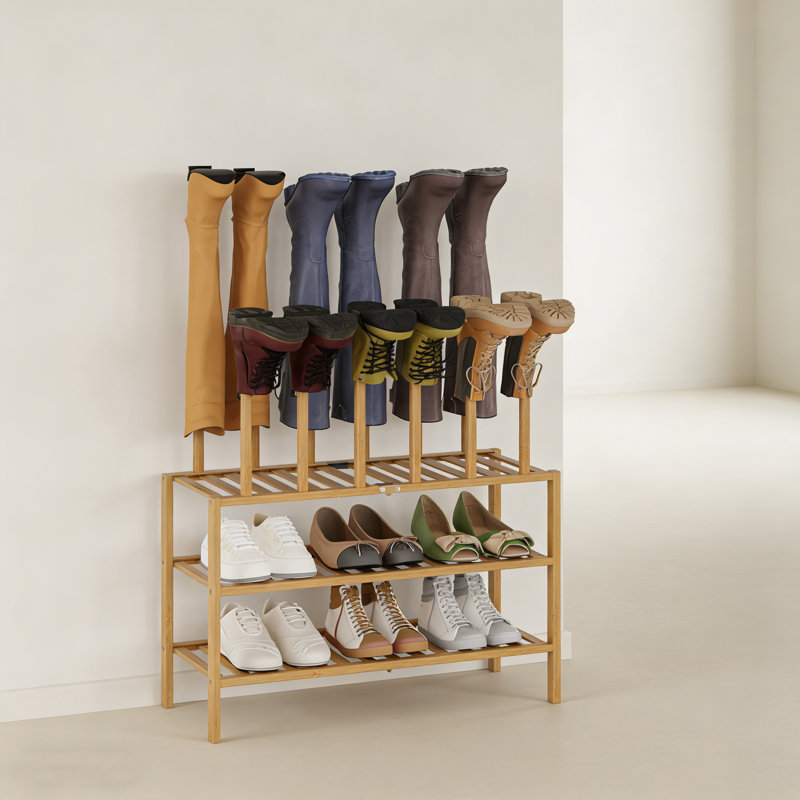 3-Tier Multi-Functional Shoe & Boot Storage Rack (Bamboo), 38.4" H x 26.8" W  x 11" D