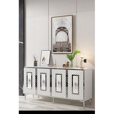 Modern Console Table with Wall Mount Option, White & Silver, 59.1 x 29.5 x 12.6 inches | 100% Melamine Coated Particle Board, Thickness: 0.7 inches | Geometric Design, Numerous Shelves for Stylish Storage