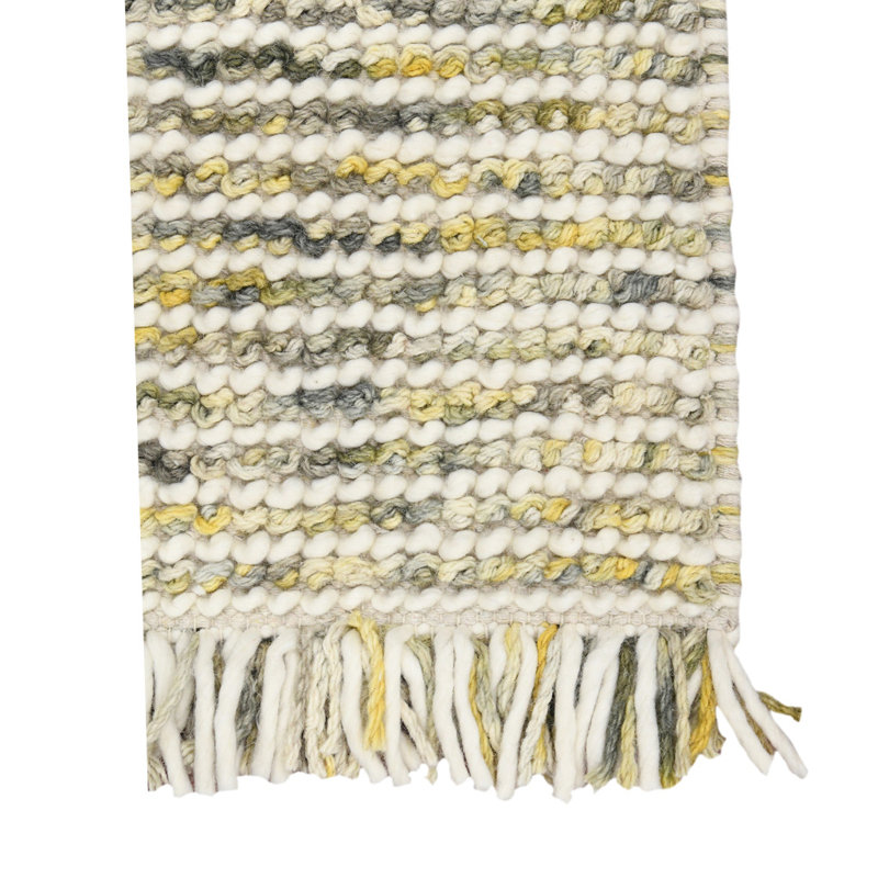 Tapis rayé en laine tissé à la main 2 pi x 3 pi ivoire et gris avec franges, Rectangle 2' X 3'