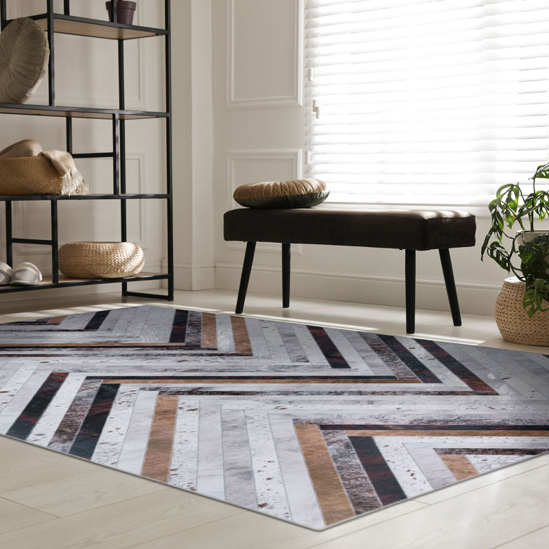 Machine Washable Modern Geometric Stripe Design Rug Brown/Ivory Multi, Rectangle 5' x 7'