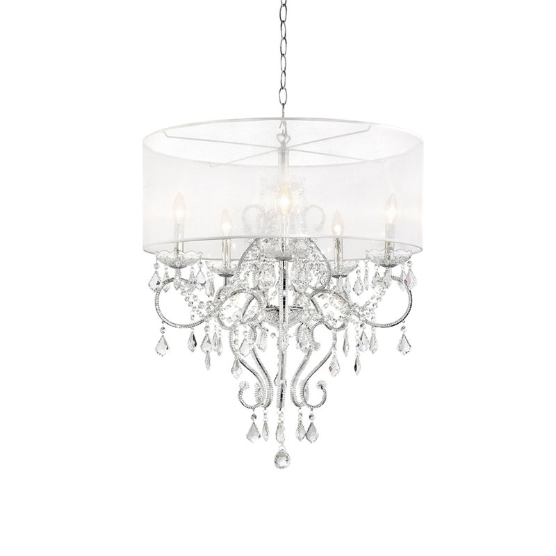 Ivory Drum Chandelier with Crystal Accents and Polished Metal Base