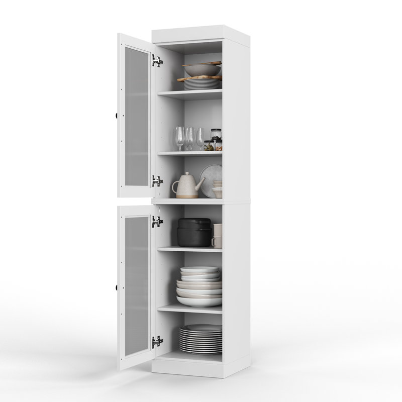 Garde-manger Jaylena 100% bois massif 16,5 po avec portes en verre transparent et tablettes réglables, Blanc