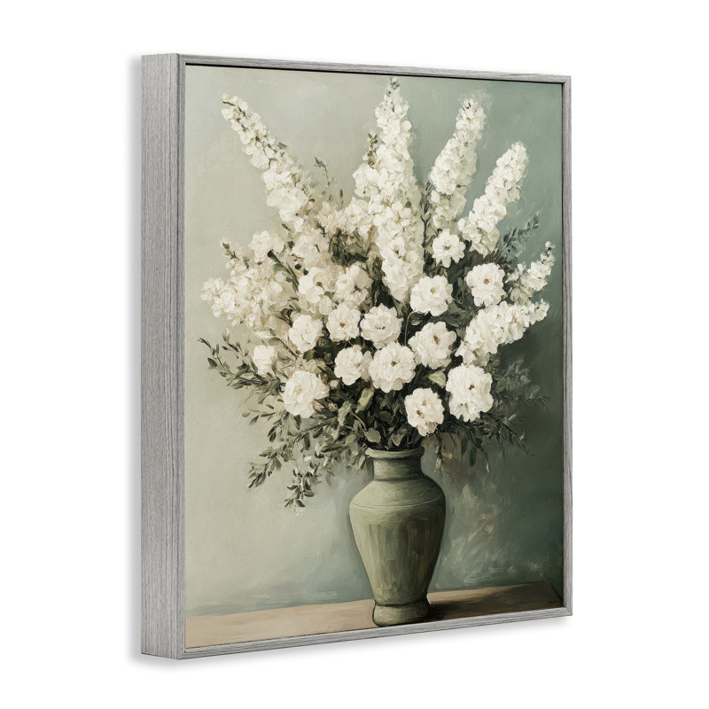 Fleurs blanches dans un vase vert, estampe numérique, design par Petal Prints Design, Estampe numérique Farmhouse