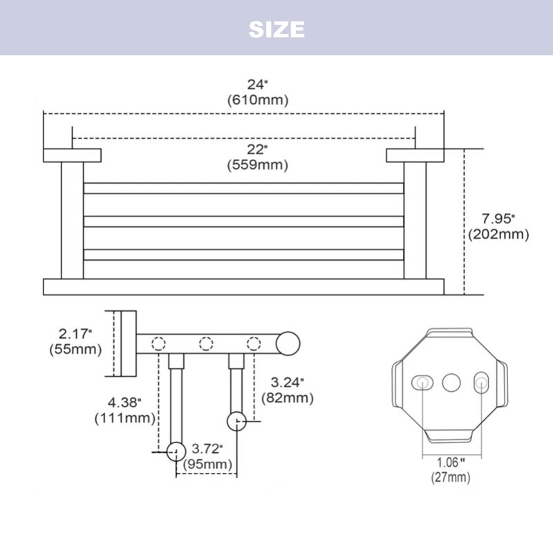 24 in Wall Mounted Towel Rack Double Towel Bars Stainless Steel in Brushed Nickel, Brushed Nickel, 24"