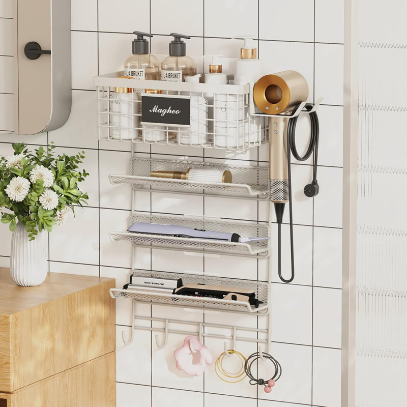 Bathroom Wall Mounted Organizer With Hair Dryer Holder, Shelves And Hooks For Toiletries And Grooming Tools?, Matte White