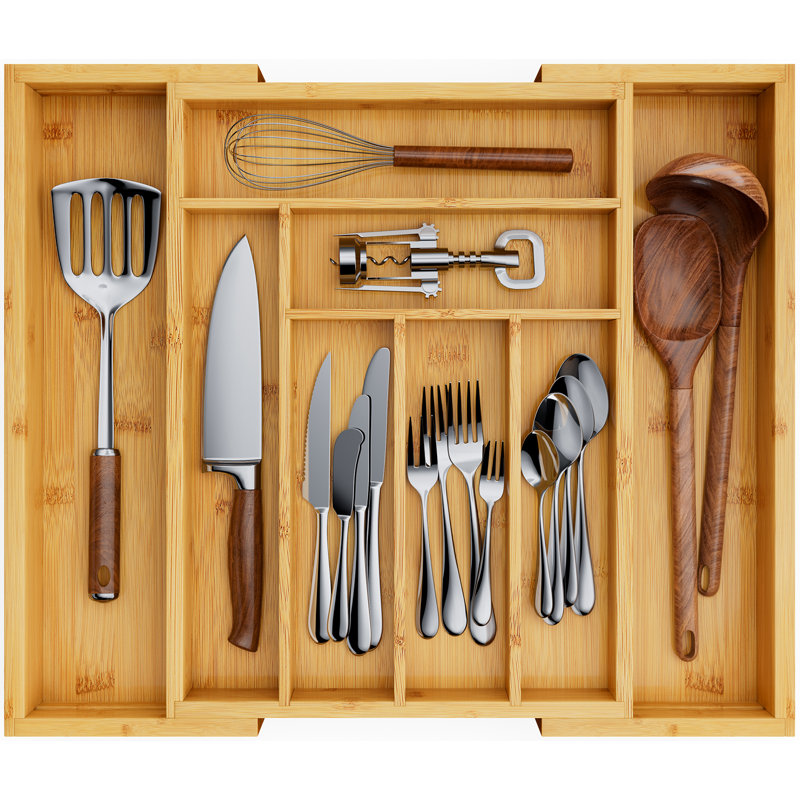 Organisateur de tiroir pour ustensiles de cuisine en bambou réglable à 5 ou 8 lumières Luzius, Naturel - grand