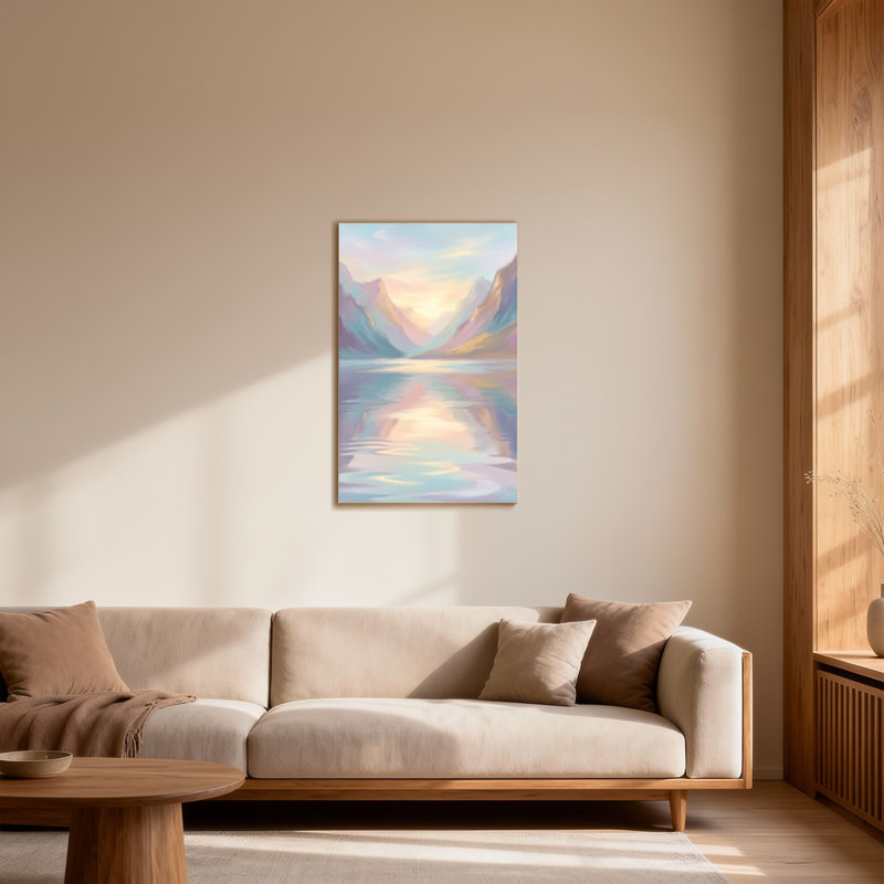 Abstrait, lac de montagne, lever du soleil, reflet, ciel, aquarelle, H 36 po x l 24 po