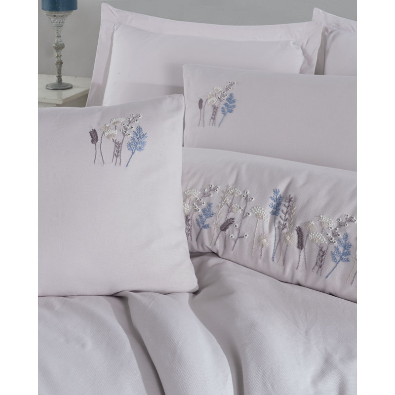 Luxurious Double Quilt Cover Set, 100% Cotton, Light Grey | Jacquard & Handmade Embroidered Design | Duvet Cover 78.7 x 86.6 in, Flat Sheet 94.5 x 102.4 in, 2 Pillowcases 19.7 x 27.6 in | Machine Washable, Soft & Durable