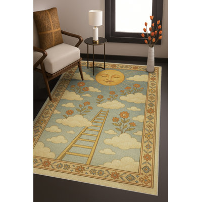 Tapis beige tissé à motif floral lavable Mosso