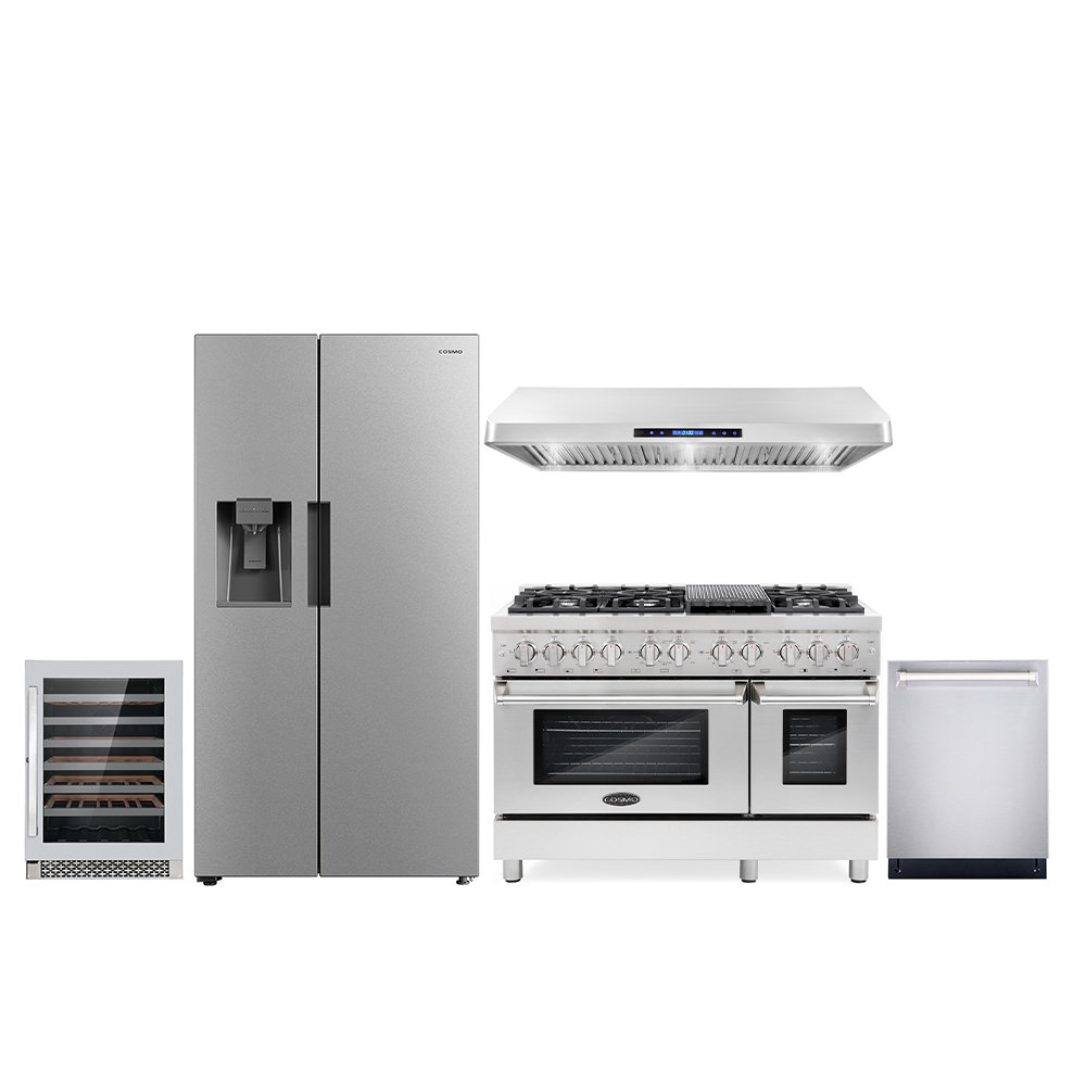 Forno 5 Piece Kitchen Appliance Package with Side By Side Refrigerator ,  48'' Gas Freestanding Range , Built-In Dishwasher , Microwave Drawer , and