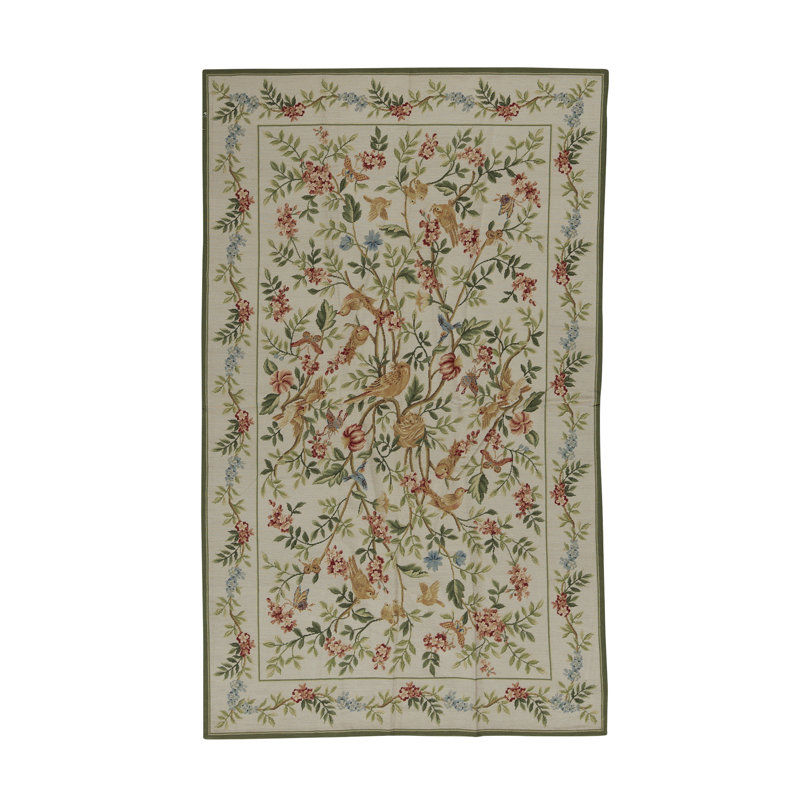 Tapis ivoire, vert et rouge noué à la main de haute qualité