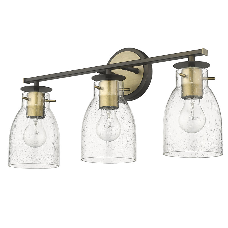 Meuble-lavabo 3 lumières 22,5 po en bronze huilé et laiton antique avec verre granuleux transparent.