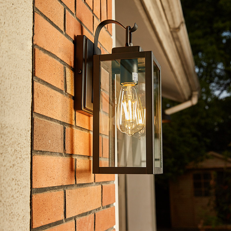 Schlesinger Outdoor Rectangular Clear Glass Shade Wall Light, 13.78" H x 5" W x 6.7" D, Matte Black