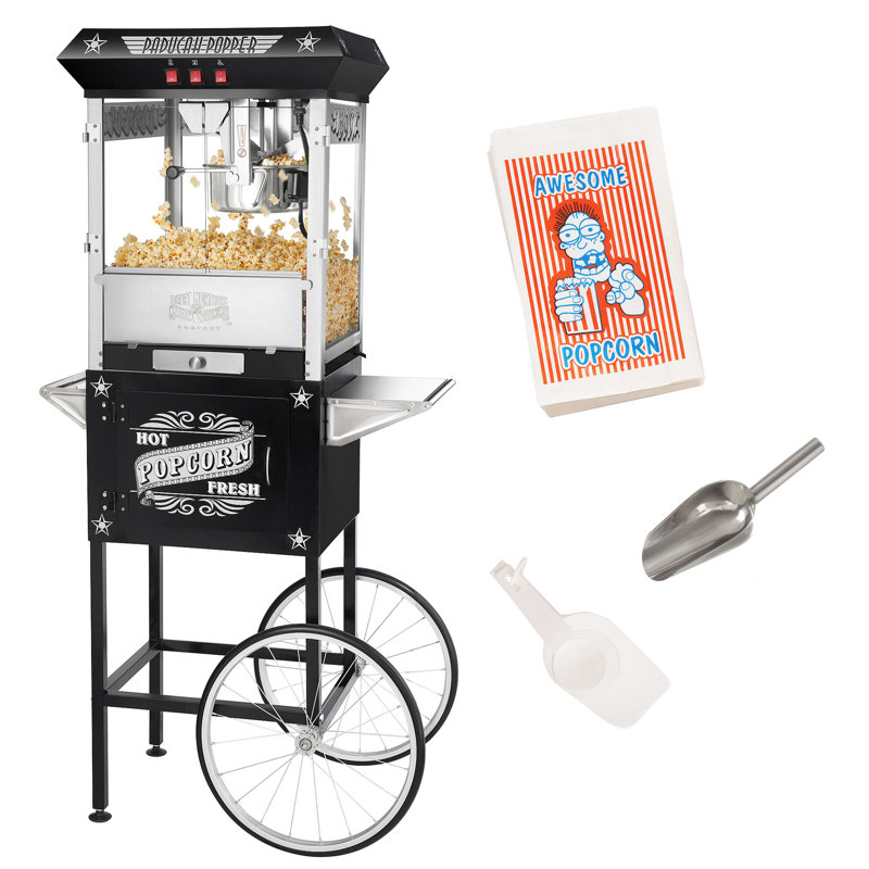 Machine à maïs soufflé avec chariot Paducah - 3 gallons de maïs soufflé - bouilloire 8 oz, tiroir Old Maids, plateau chauffant et pelle par Great Northern Popcorn (noir)