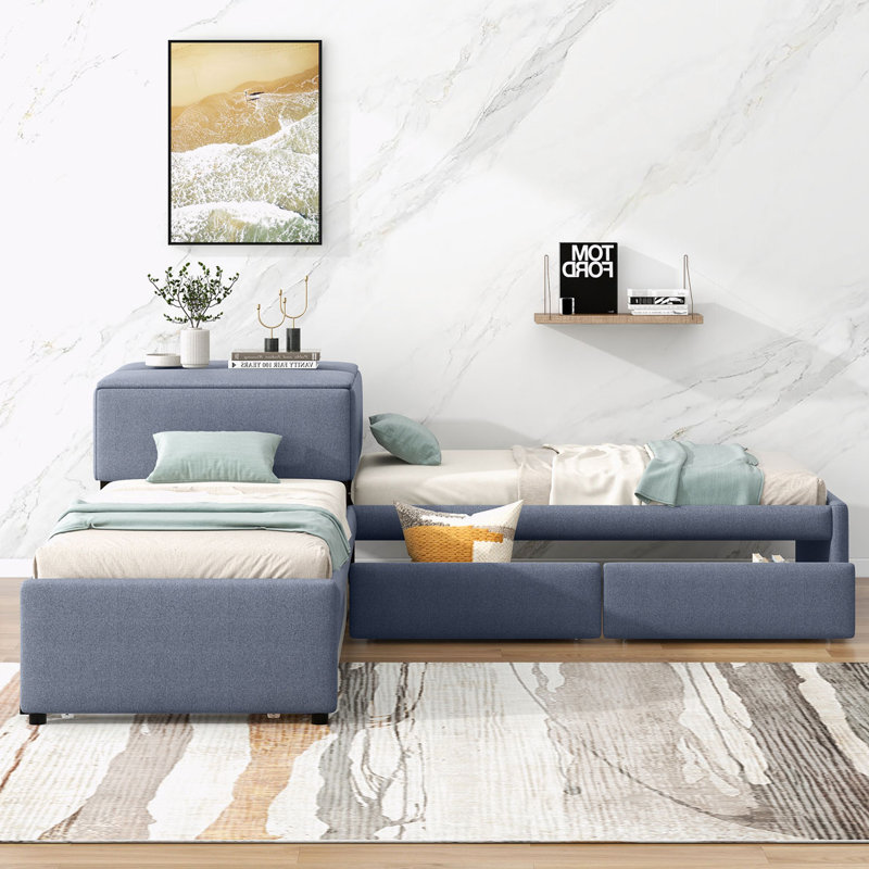 L-Shaped Upholstered Platform Bed With Trundle And Two Drawers Linked With Built-In Desk