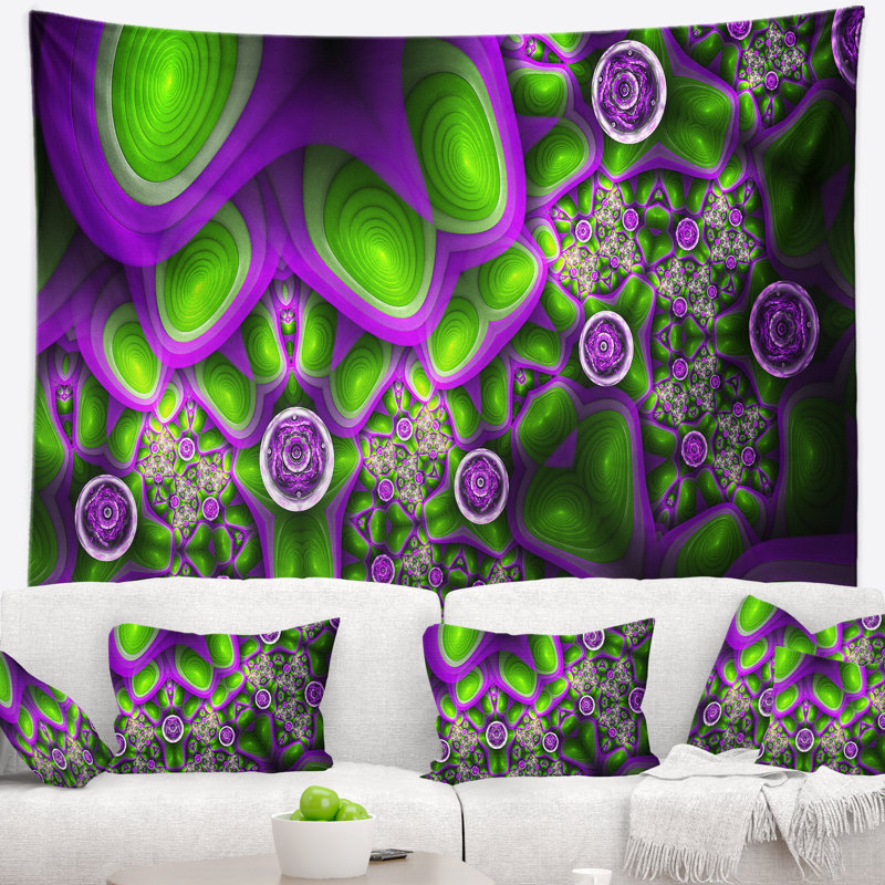 Tapisserie abstraite à motif exotique vert mauve, H 32 po x l 39 po