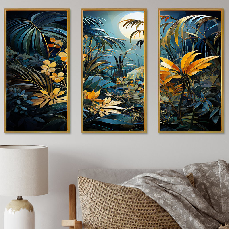«Fantasy Jungle Plants Under Moonlight I», ensemble de reproduction d'art mural plantes, Cadre flottant doré