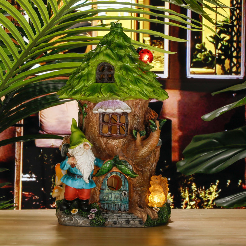 Juliete Resin Pine Cottage and Goblin Garden Statues with Solar Light(10.2 Inch)