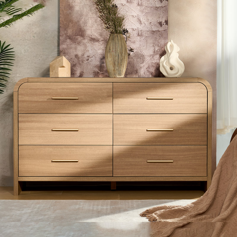 6-Drawer Dresser In Oak With Rounded Corners - 60 Inch TV Stand, 1.18In Engineered Wood, 100LB Capacity, Oak